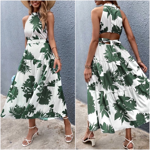BellanBlue Dresses & Skirts - Boho Floral Print Cutout Halter Maxi Dress Green